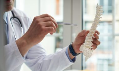 Medical provider holding up model of lumbar spine and pointing at a particular spot, used to explain a Lumbar spine mri