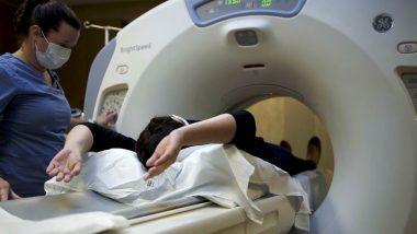 Photo of someone having a CT scan, used to explain a lung cancer screening via low-dose lung CT scan