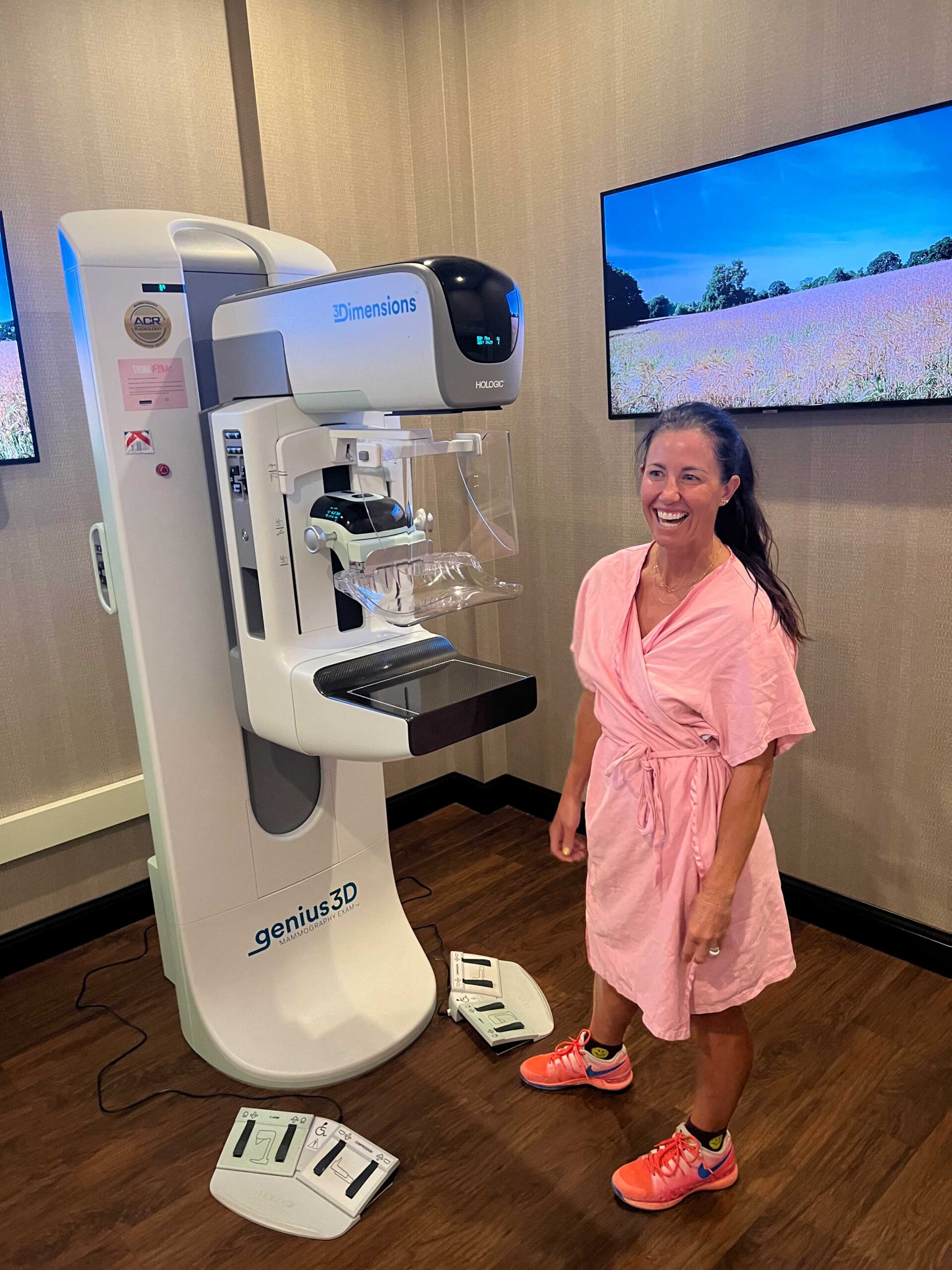 Emily Breeze Watson receiving her first mammogram at Charlotte Radiology